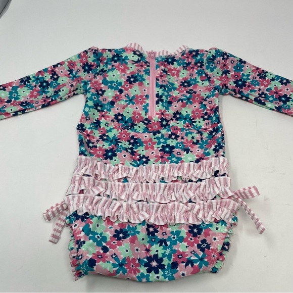 Ruffle Butts Pink Sun Hat and Pink Floral Long Sleeve Swim Suit Infant Baby - Picture 3 of 13